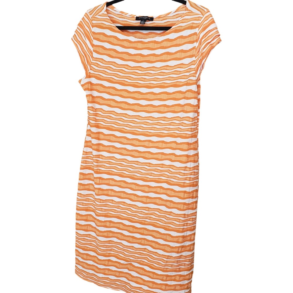 Sharagano Womens Textured Wavy Stripe Cap Sleeve Sheath Dress 14 Orange White